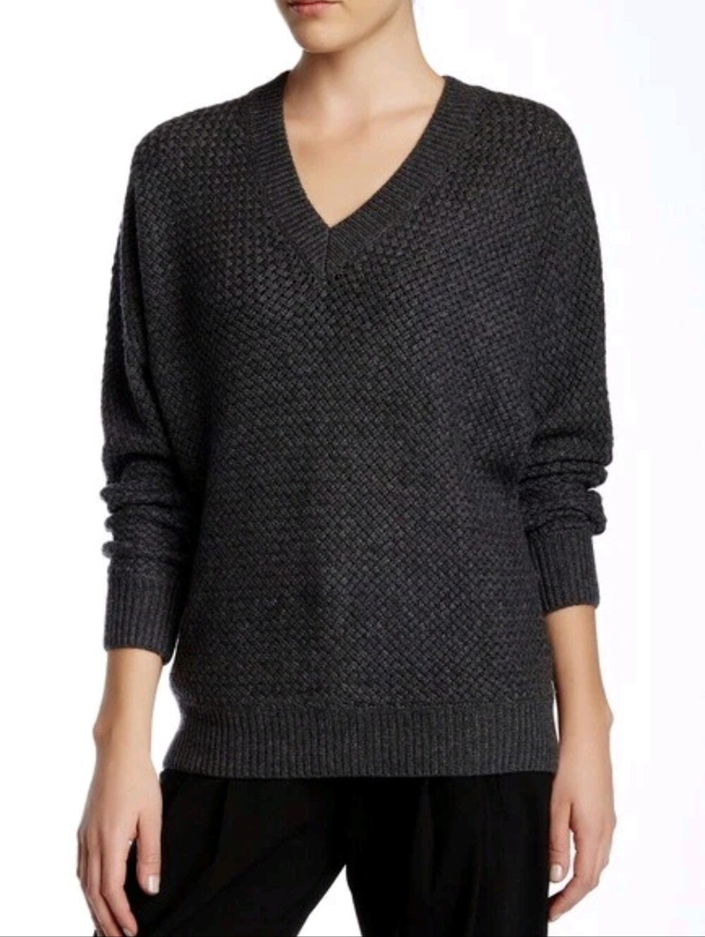 Vince Charcoal Women's V-Neck Waffle Knit Sweater Wool Cashemere Sz XXS Relaxed